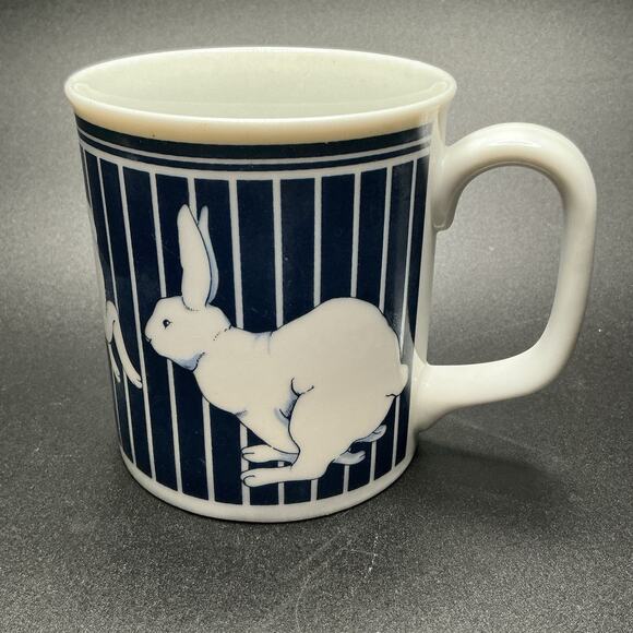 Curzon Running Easter Rabbit Ceramic Coffee Mug Blue & White Stripes, Vtg. - Picture 2 of 7